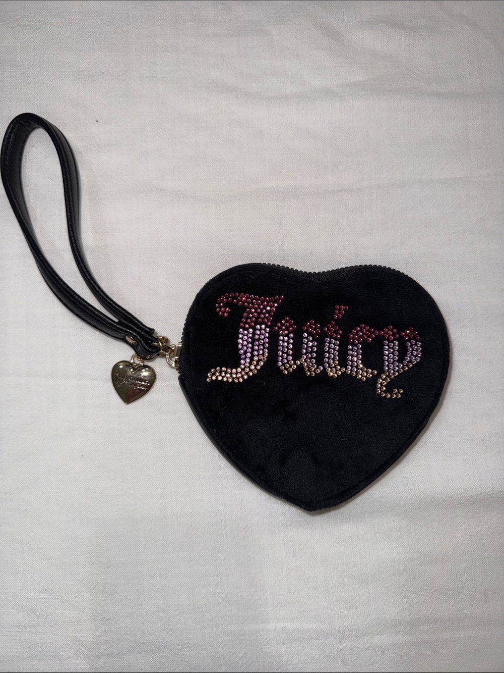 Juicy Couture Black Heart Wristlet with Multicolor Rhinestone Logo